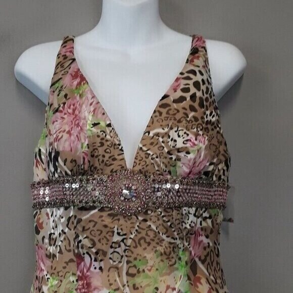 la femme Paris Womens Silk Cocktail Dress Size 6 Animal Print Beaded Fairy Mini - Picture 2 of 13